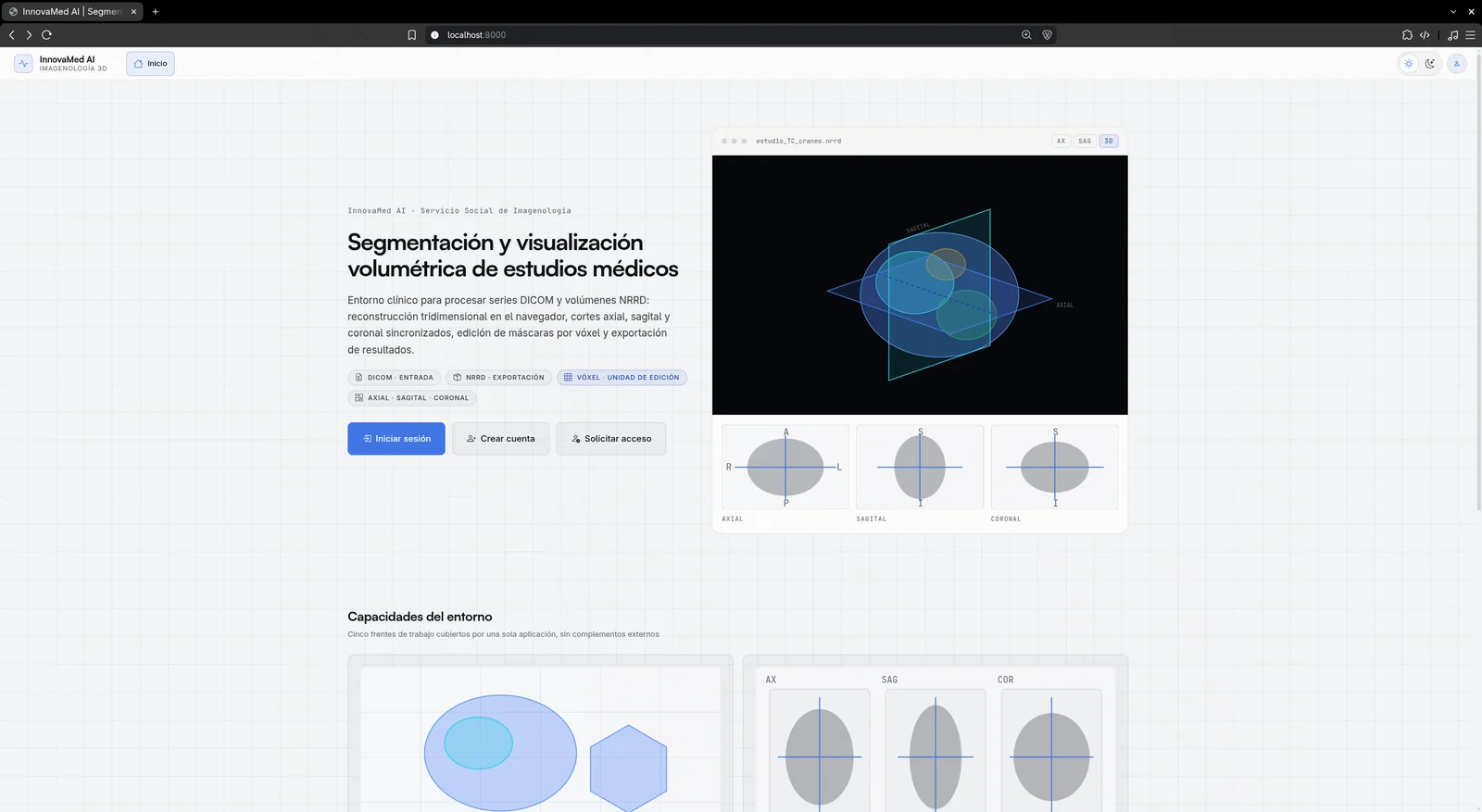 Portada de InnovaMed AI: el visor 3D con el modelo del estudio, los planos axial, sagital y coronal sincronizados, y los accesos de sesión.
